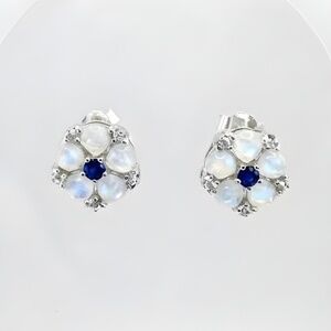 Handmade 14K Gold 925 Natural Opal Blue Sapphire Cluster Studs Jewelry